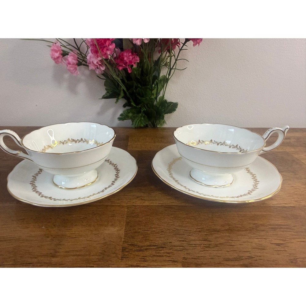 Coalport Cornet Teacup Saucer Set English Bone China Gold Trim Tea Cups Set Of 2